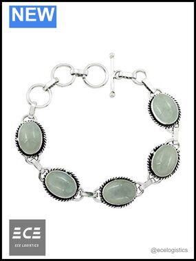 Sterling Silver Plated Natural Aquamarine Oval Link Bracelet 7.5 Inch